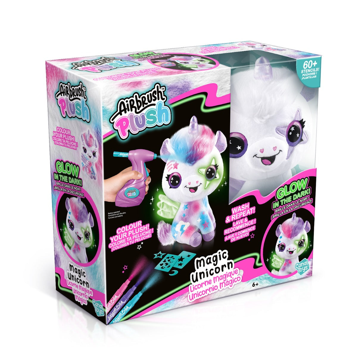 PELUCHE CON AEROGRAFO UNICORNIO QUE BRILLA EN LA OSCURIDAD