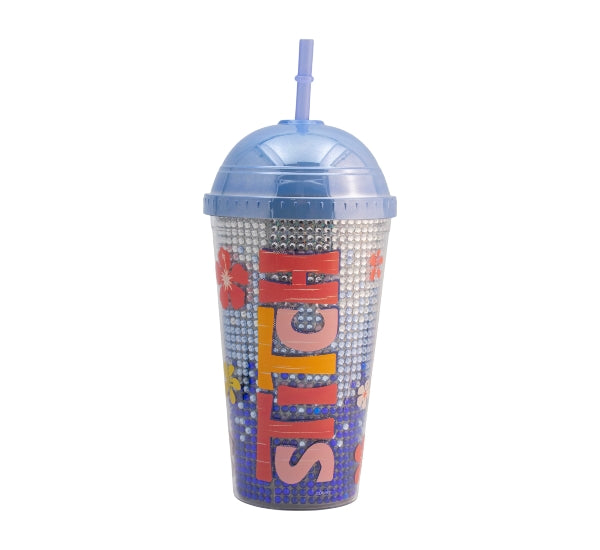 VASO DOBLE PARED CON TAPA METÁLICA, POPOTE CON DIAMANTES STITCH PELÍCULA 500ML