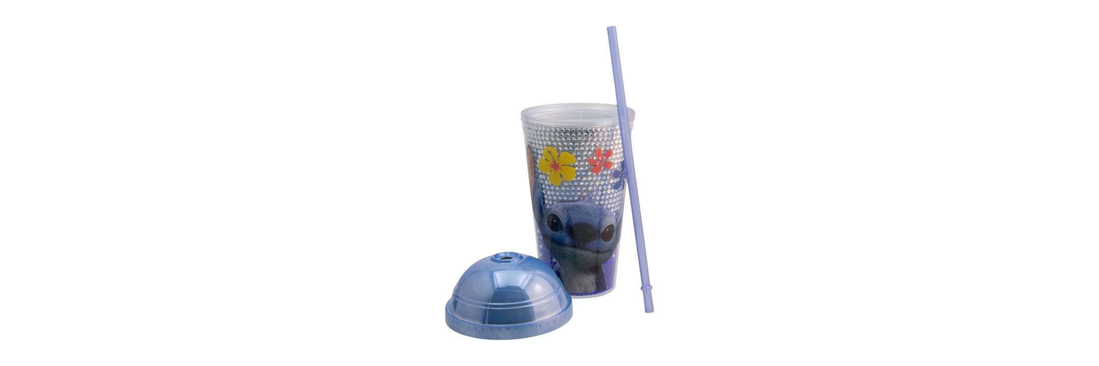 VASO DOBLE PARED CON TAPA METÁLICA, POPOTE CON DIAMANTES STITCH PELÍCULA 500ML