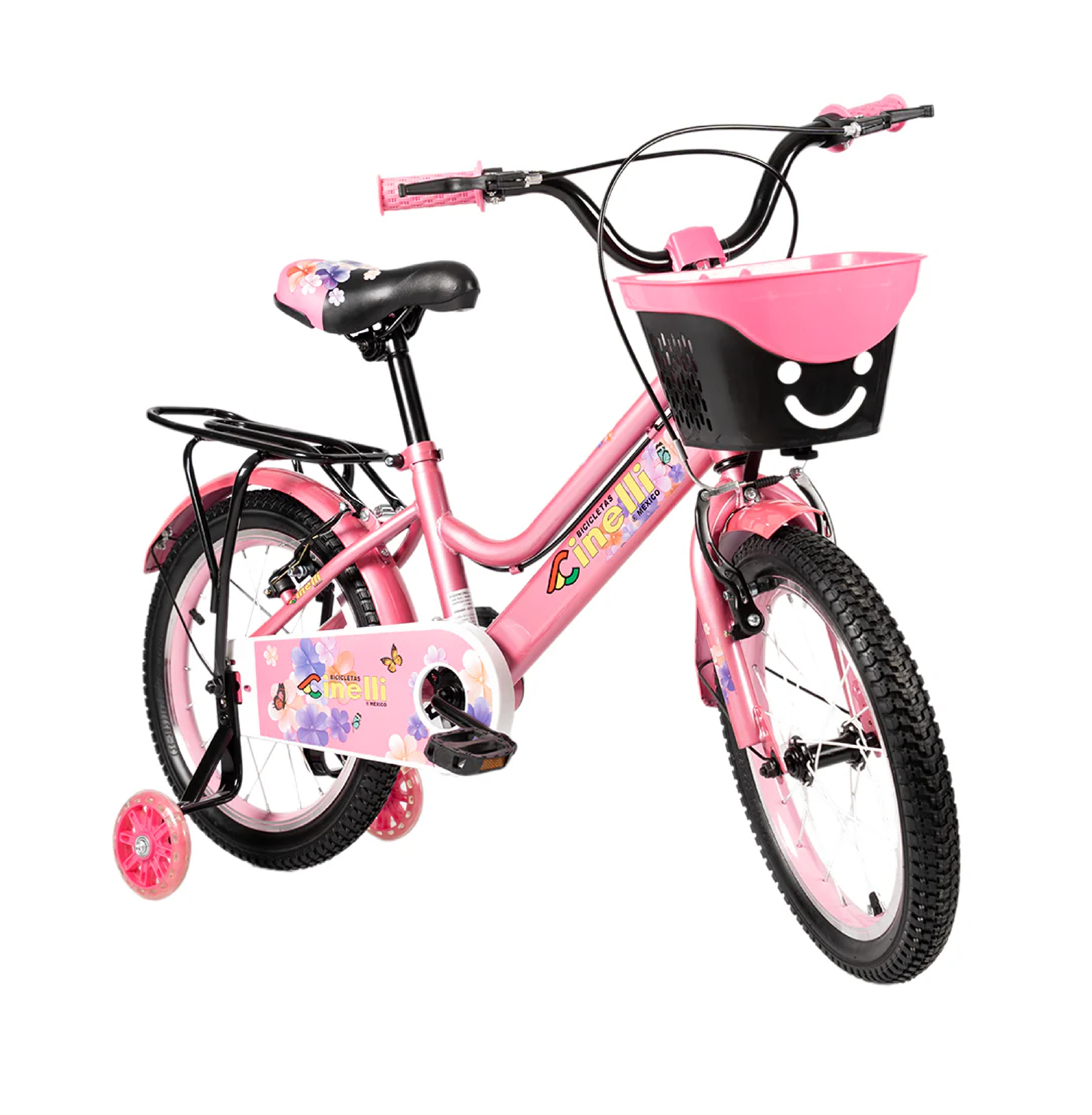 BICICLETA CINELLI R-16 PINK C/CANASTA PLASTICA Y RUEDA LAT.CON LUZ NIÑA