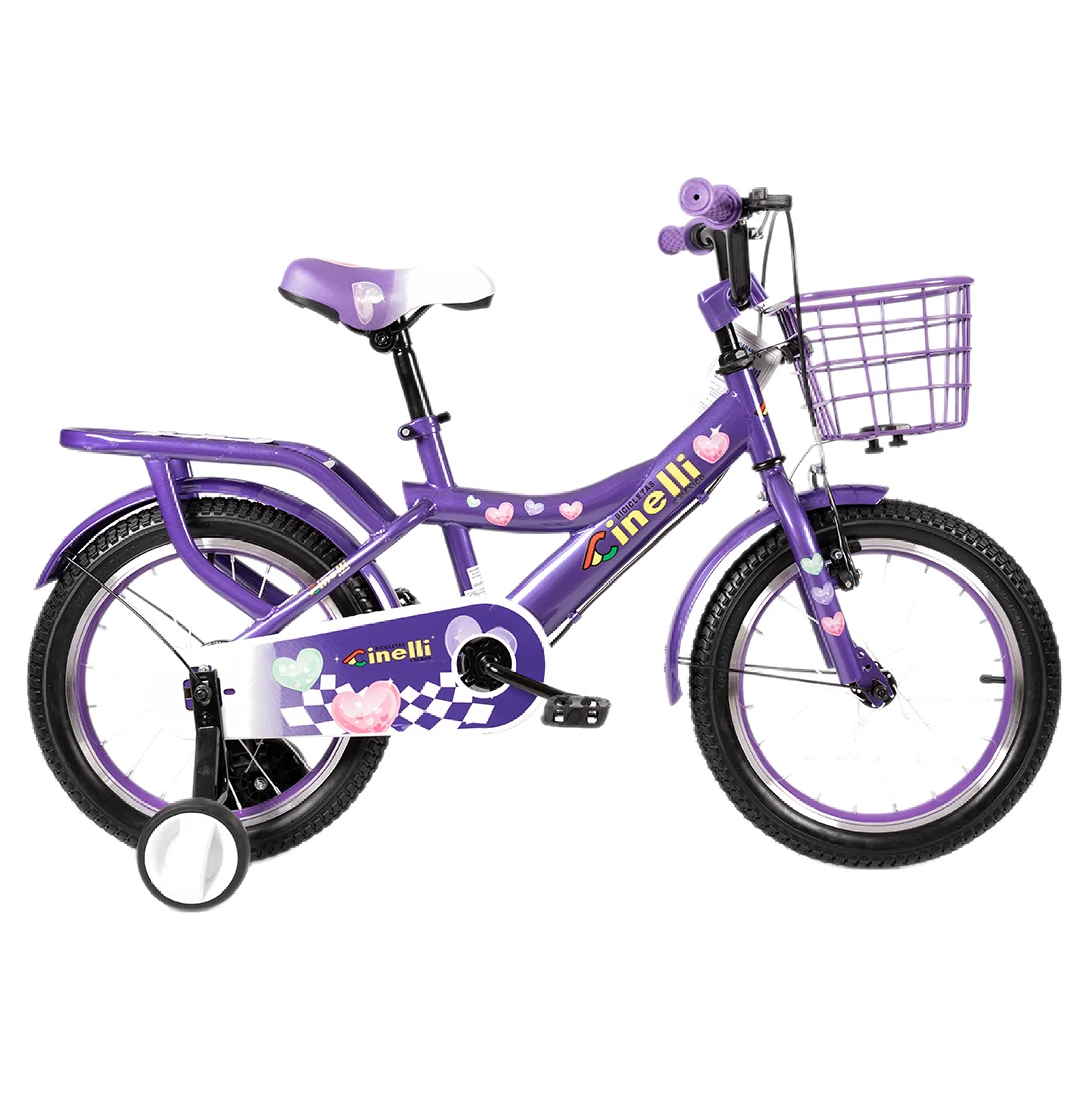 BICICLETA CINELLI R16 PURPLE CORAZONES C/ CANASTA METALICA Y RUEDAS LAT