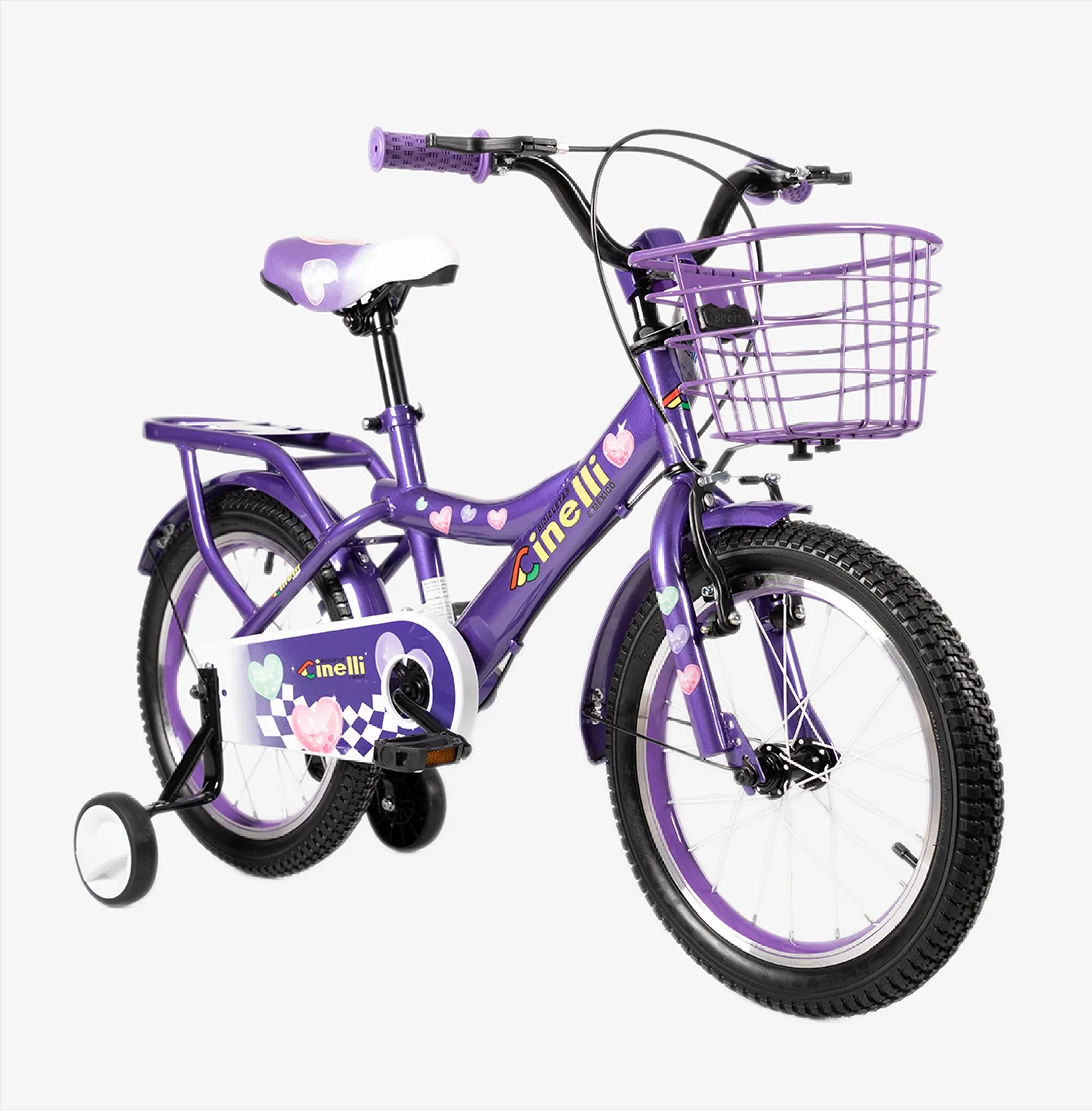 BICICLETA CINELLI R16 PURPLE CORAZONES C/ CANASTA METALICA Y RUEDAS LAT