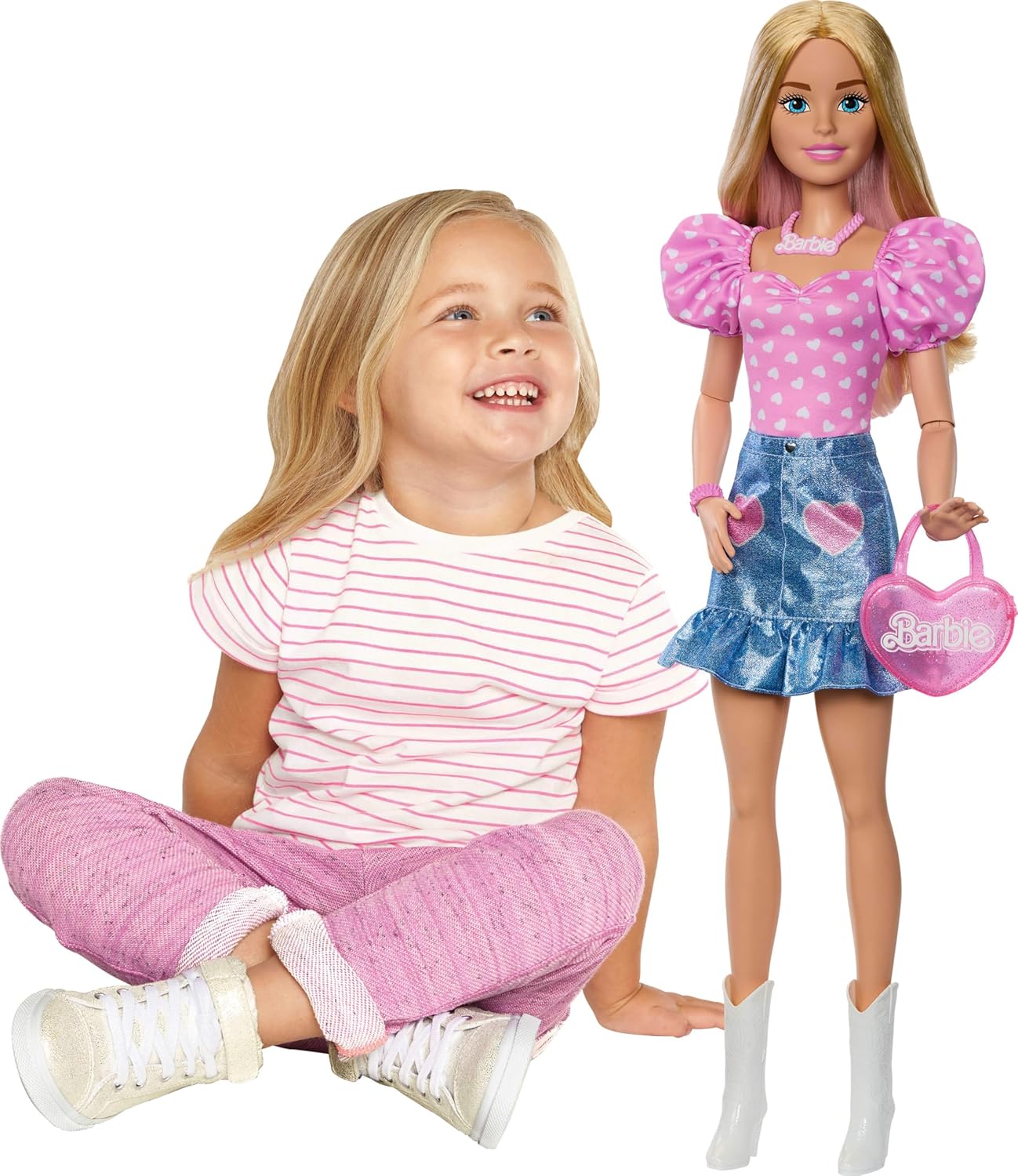 BARBIE LARGE DOLLS MUÑECA 71CM FALDA DE MEZCLILLA SORPRESA HYT84