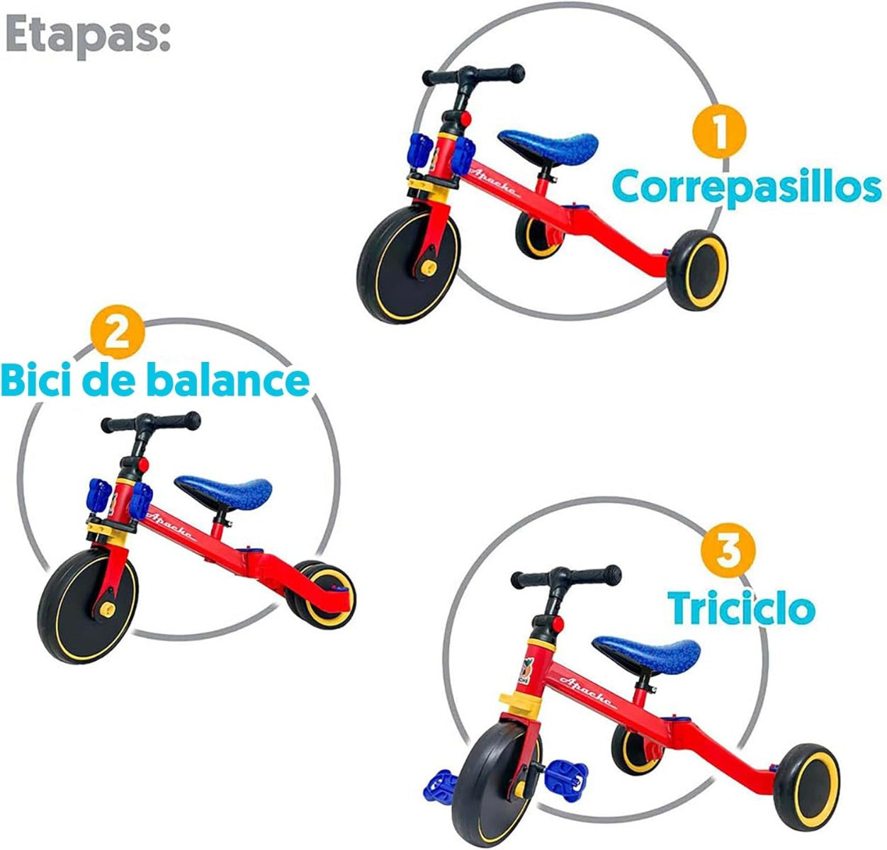 Apache 3 in 1 Triciclo, Montable y Bicicleta de Balance Rojo