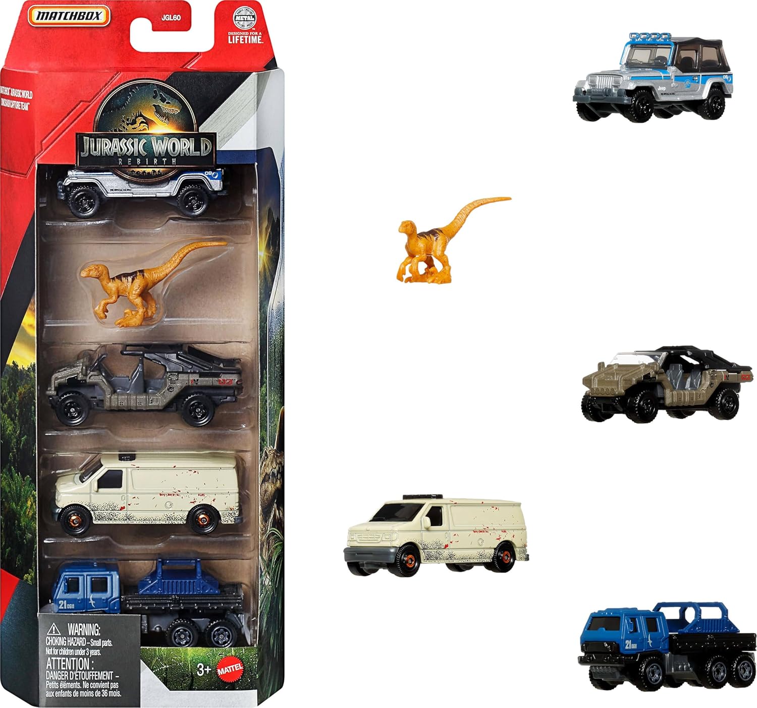 MBX JURASSIC WORLD AUTO BÁSICO PAQUETE DE 5  JGL60